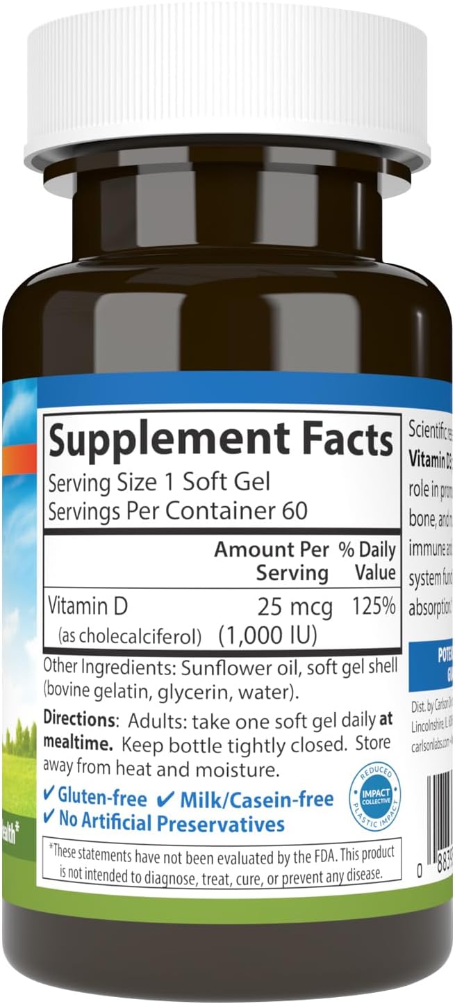 Carlson - Vitamina D3 1000 IU (25 mcg) - 60 Cápsulas Blandas
