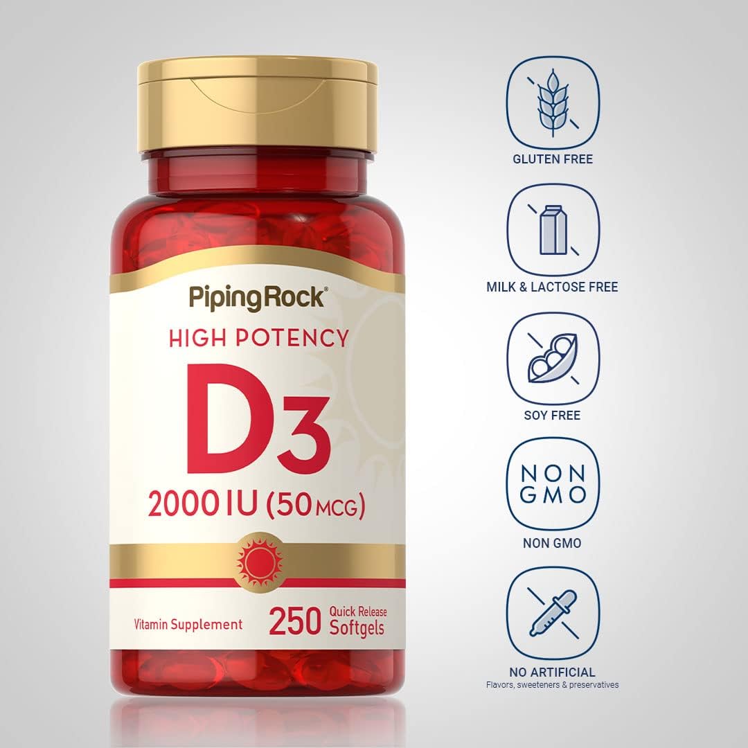 Piping Rock Vitamina D3 2000 IU | 250 Cápsulas Blandas | Alta Potencia | Suplemento de Colecalciferol | No-GMO, Sin Gluten