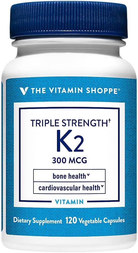 The Vitamin Shoppe Vitamina K2 MK-7 300mcg Triple Potencia - Salud Ósea y Cardiovascular | Menaquinona-7 | 60 Cápsulas Vegetales