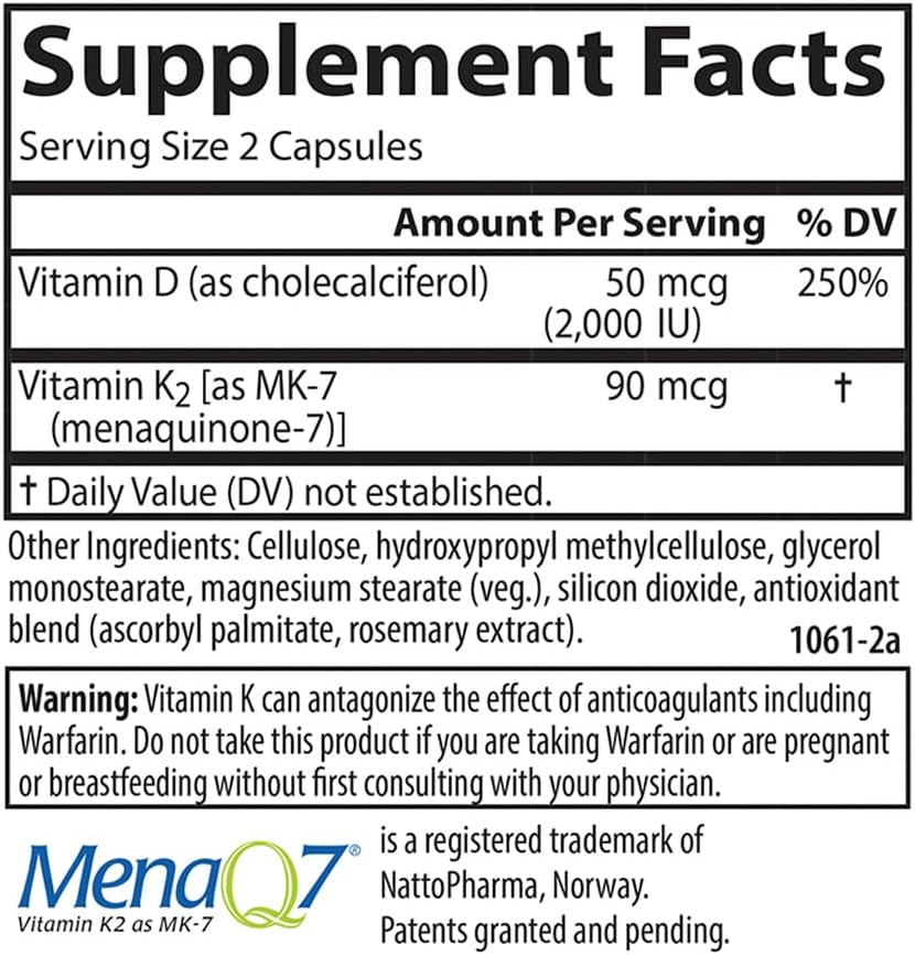 Carlson Vitamina D3 + K2, 2000 UI D3 y 90 mcg K2 MK-7, 60 Cápsulas