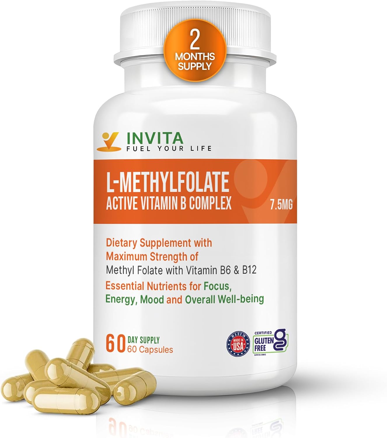 INVITA, L-Metilfolato 7.5 mg + Complejo B Activo – 60 Cápsulas – Suplemento 5-MTHF con Vitamina B6 y B12 Metilcobalamina – No-GMO, Sin Gluten, 2 Meses