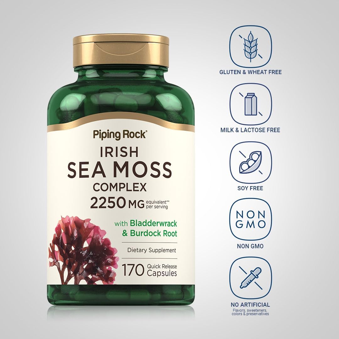 Piping Rock Cápsulas de Irish Sea Moss con Bladderwrack y Burdock Root | 170 Cápsulas