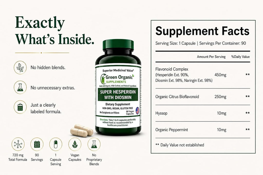 Green Organic Supplements Super Hesperidin con Diosmin y Naringin, Hecho a Mano, Sin OGM, Vegano y Sin Gluten