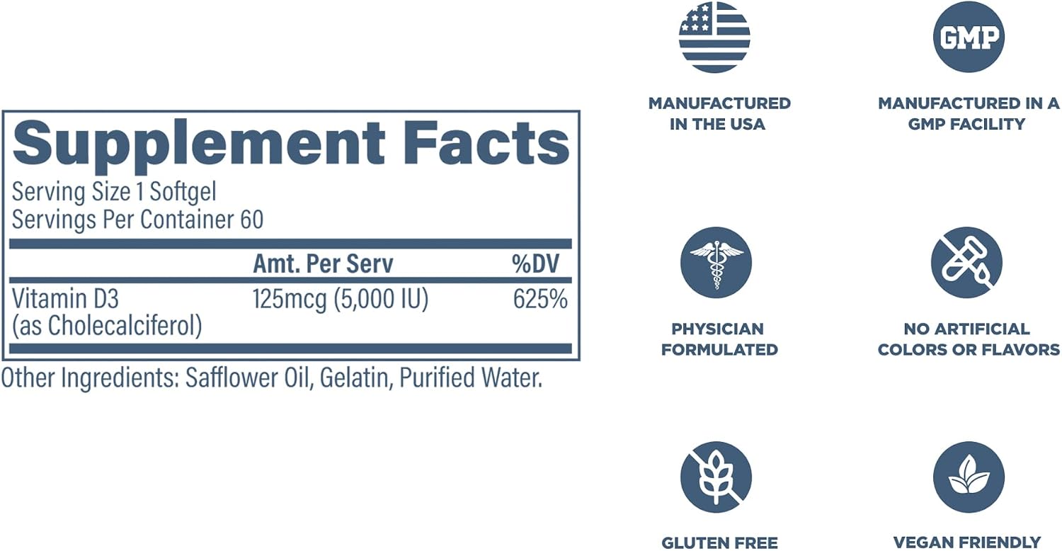 Revive MD Vitamina D3 5000 IU - 60 Cápsulas Blandas - Colecalciferol de Alta Potencia
