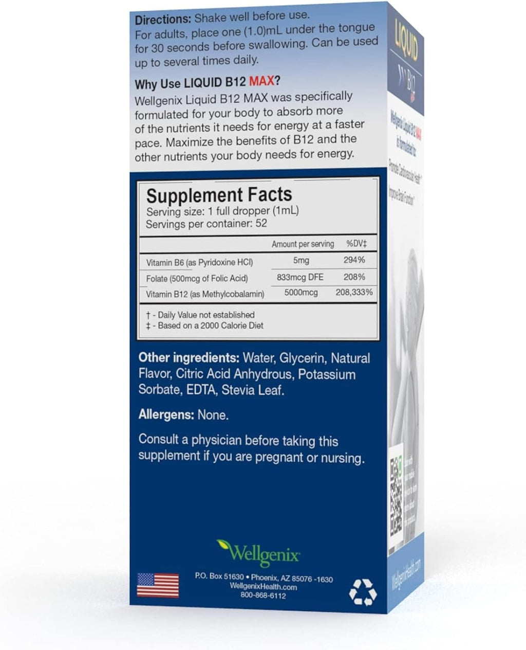 Wellgenix B12 Max Líquido - Vitamina B6, B12 y Folato - Alta Absorción - Salud Cardiovascular, Claridad Mental, Aumento de Energía y Pérdida de Peso - 1,75 oz, 2 Pack