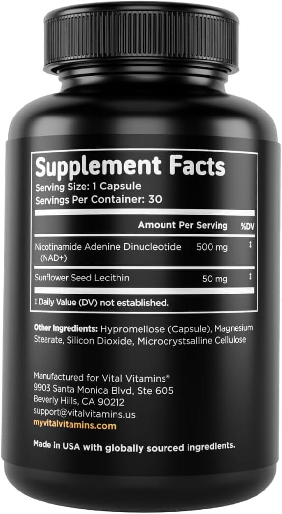 Vital Vitamins Suplemento NAD+ - NAD+ (Nicotinamida Adenina Dinucleótido) para Hombres y Mujeres - Con Administración Liposomal - Apoyo a la Vitalidad Celular, Energía, Concentración - 30 Días