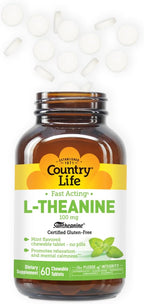 Country Life L-Teanina de Acción Rápida 100 mg, 60 Tabletas Masticables, Sabor a Menta, Certificado Sin Gluten, Vegano