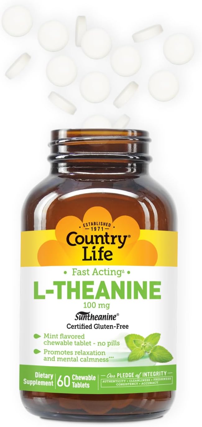 Country Life L-Teanina de Acción Rápida 100 mg, 60 Tabletas Masticables, Sabor a Menta, Certificado Sin Gluten, Vegano