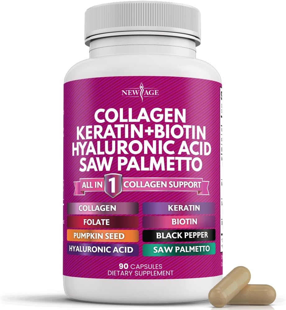 NEW AGE Colágeno con Biotina, Keratina, Saw Palmetto, Ácido Hialurónico, Vitamina E, Ácido Fólico, Semilla de Calabaza, MSM - 90 Cápsulas (Pack de 2)