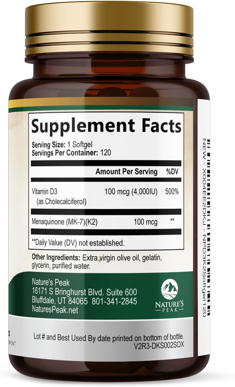 Vitamina D3 K2 - Complejo 2 en 1 de Vitamina D y K2 (MK-7) - 4000 UI por Cápsula Blanda - Sin Gluten - 120 Cápsulas Blandas