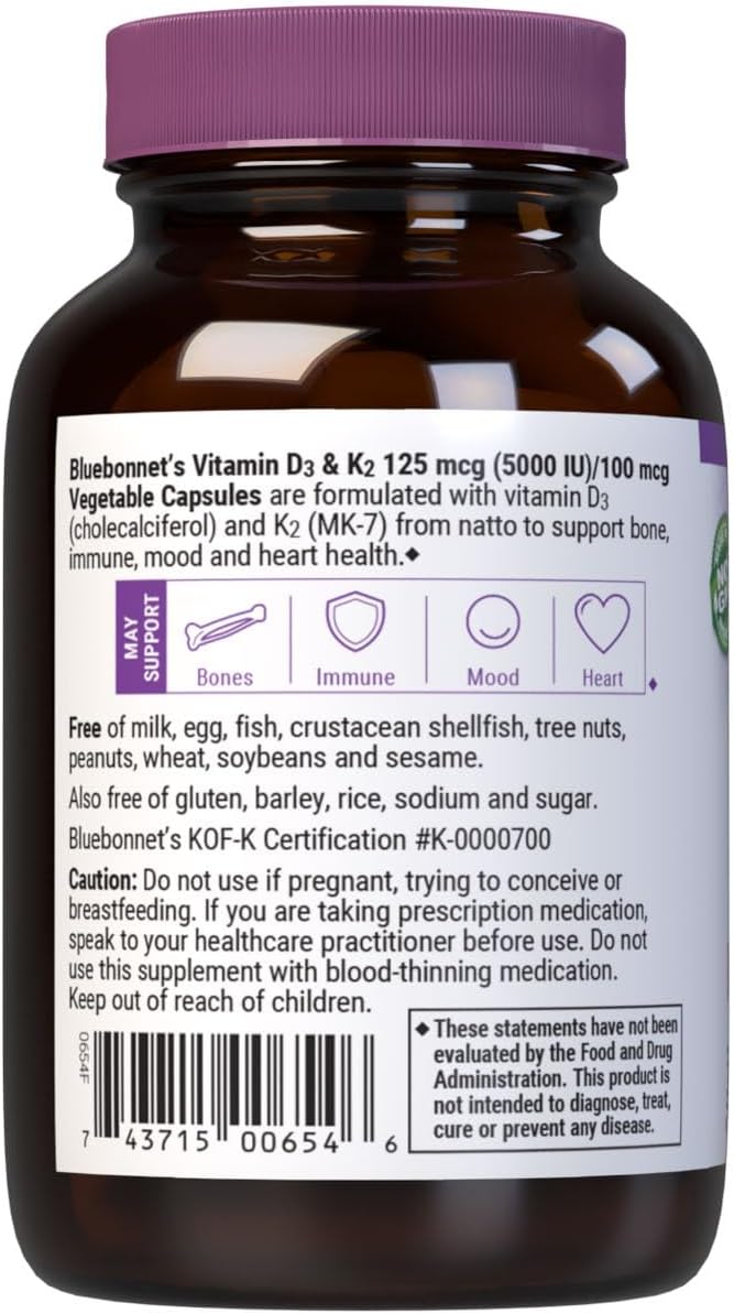 Bluebonnet Nutrition Vitamina D3 y K2, 60 Cápsulas Vegetales