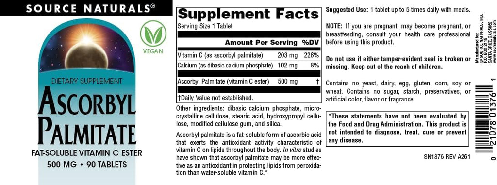 Source Naturals Ascorbyl Palmitate 500mg - Vitamina C Liposoluble en Comprimidos, 90 uds