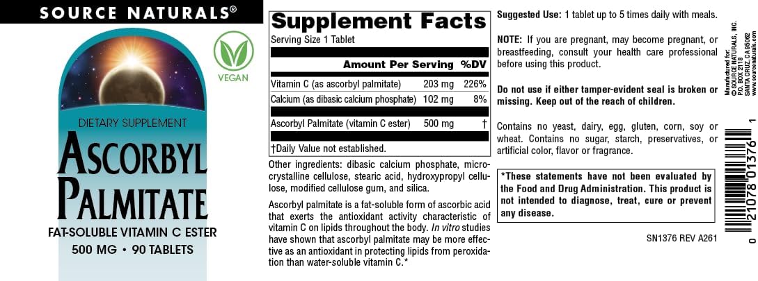 Source Naturals Ascorbyl Palmitate 500mg - Vitamina C Liposoluble en Comprimidos, 90 uds