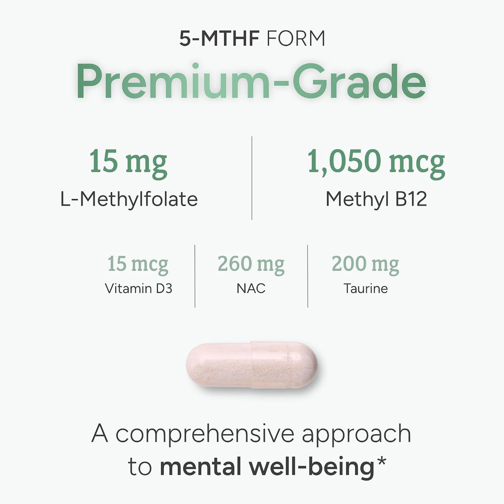 L-Metilfolato 15 mg (5-MTHF) con Metil B12, D3, NAC y Taurina - 30 Cápsulas