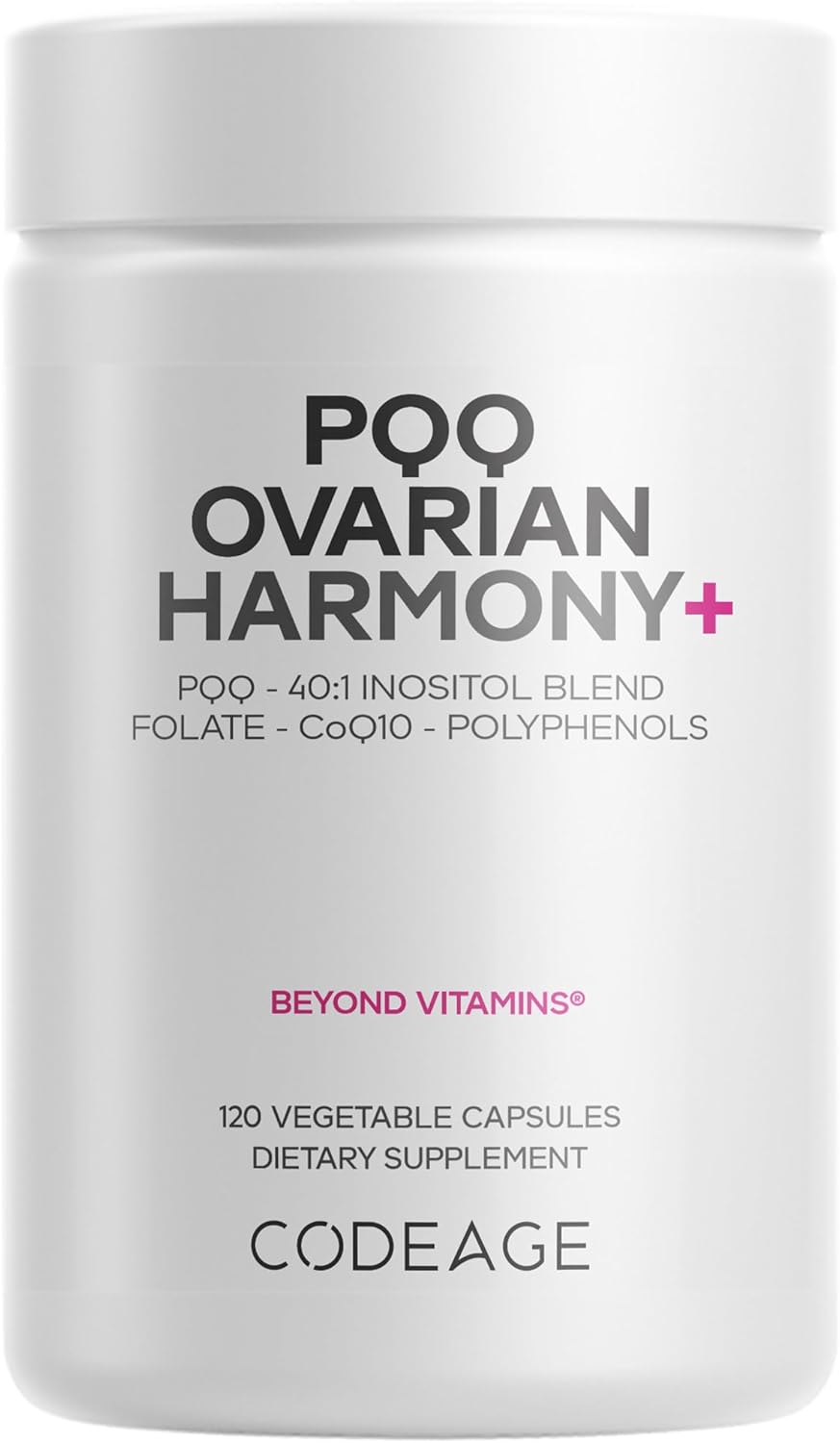 Codeage PQQ Ovarian Harmony+ - Suplemento con PQQ, Myo-Inositol & D-Chiro-Inositol 40:1, Folato 5-MTHF, CoQ10, Arándano Silvestre - Envío Liposomal - No-GMO - 120 Cápsulas