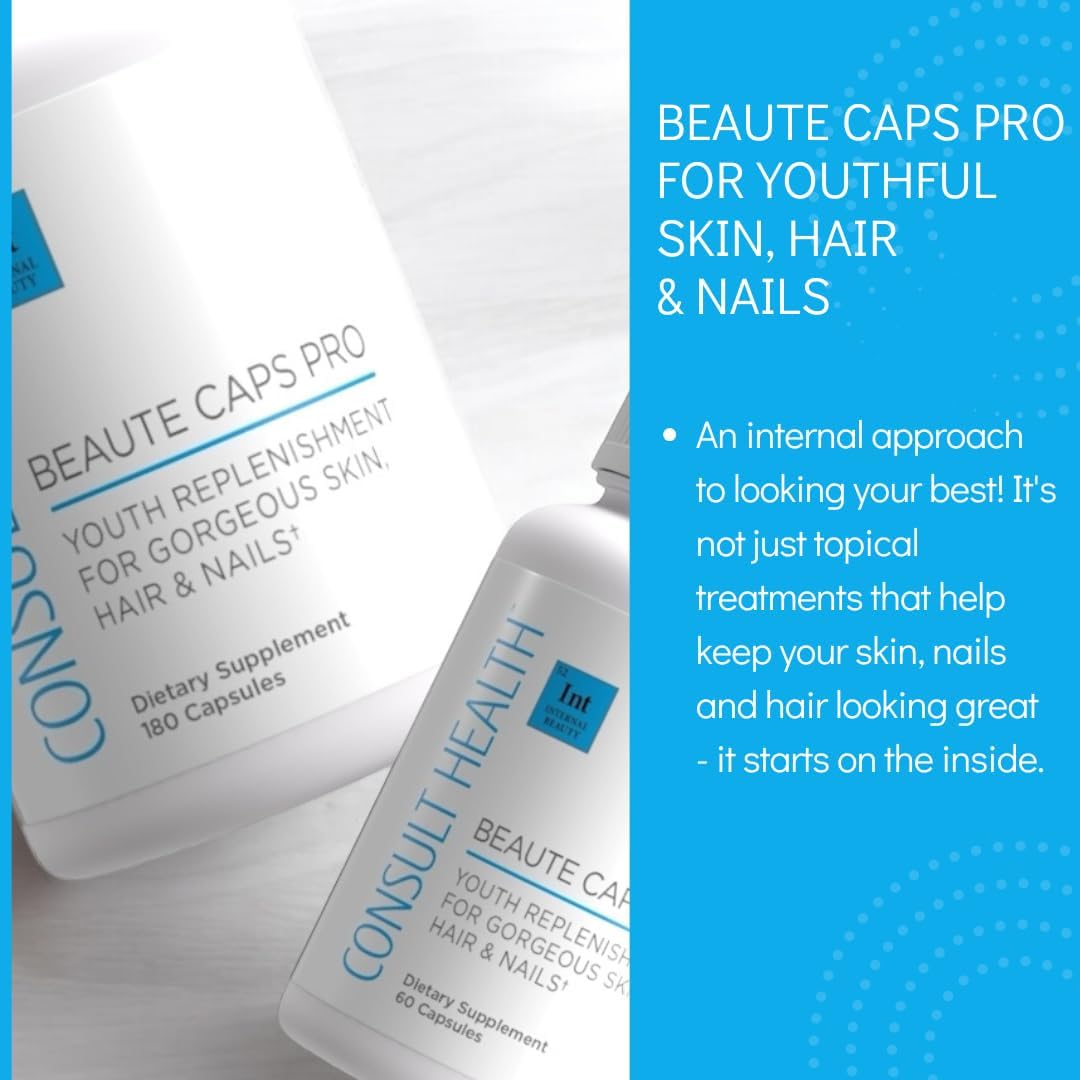 Consult Health Beaute Caps PRO, Biotina 10.500 mcg, Suplemento con Colágeno 50 mg y MSM 600 mg, 180 Cápsulas