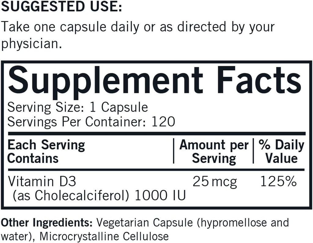 Kirkman Vitamina D-3 1000 UI - Hipoalergénico, 120 cápsulas