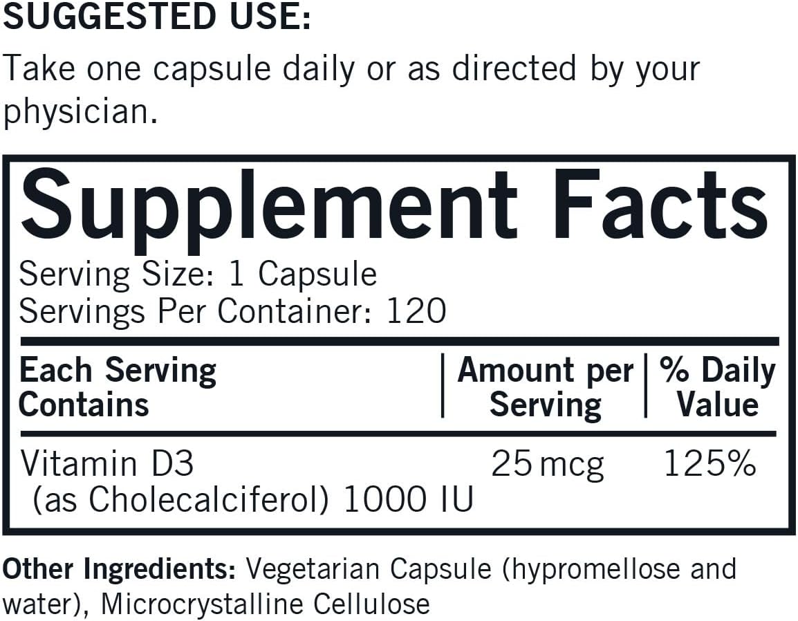 Kirkman Vitamina D-3 1000 UI - Hipoalergénico, 120 cápsulas