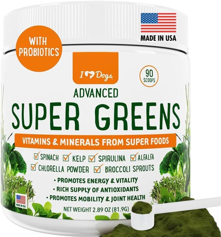 iHeartDogs Super Greens para Perros con Brotes de Brócoli y Espirulina - Polvo de Apoyo Inmunológico y Alergias Estacionales
