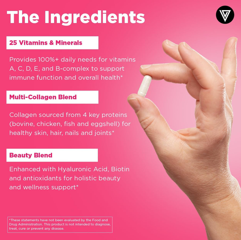 Vital Vitamins Complejo Multivitamínico para Mujeres - Con Mezcla de Multicolágeno, Ácido Hialurónico y MSM - Multivitamínico de Belleza - con Vitamina A, C, E, B6, B12, D3 - 60 Cápsulas