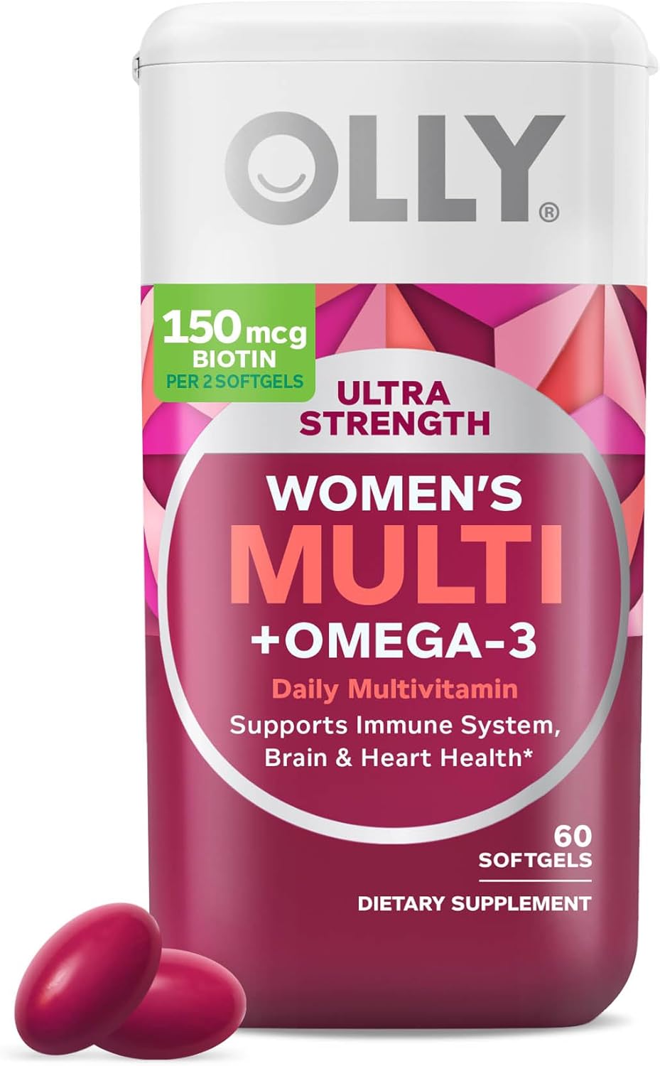 OLLY Ultra Strength Women's Multi Softgels - Multivitamínico diario para mujeres con Omega-3, Hierro y Vitaminas A, C, D, E, B12 - 60 cápsulas blandas