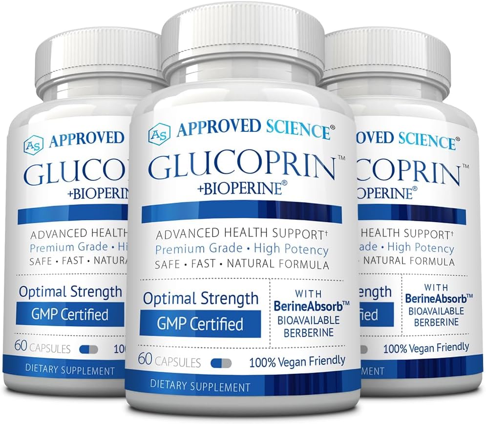 Approved Science Glucoprin - 250 mg de Berberina, Mora, Canela, BioPerine, Sin OGM - 60 Cápsulas Veganas