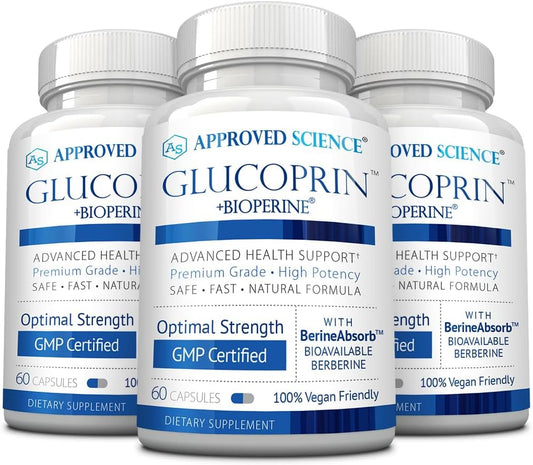 Approved Science Glucoprin - 250 mg Berberina, Morera, Canela, BioPerine - 60 Cápsulas Veganas (Pack de 3)