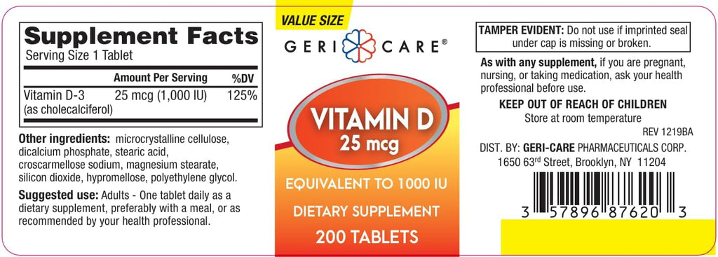 GeriCare Vitamina D-3 25 mcg (1.000 UI) – 200 Comprimidos