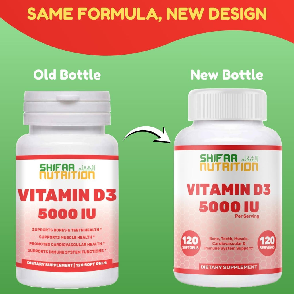 SHIFAA NUTRITION Vitamina D3 5000 IU Halal - 120 Cápsulas Blandas - No-GMO, Sin Gluten