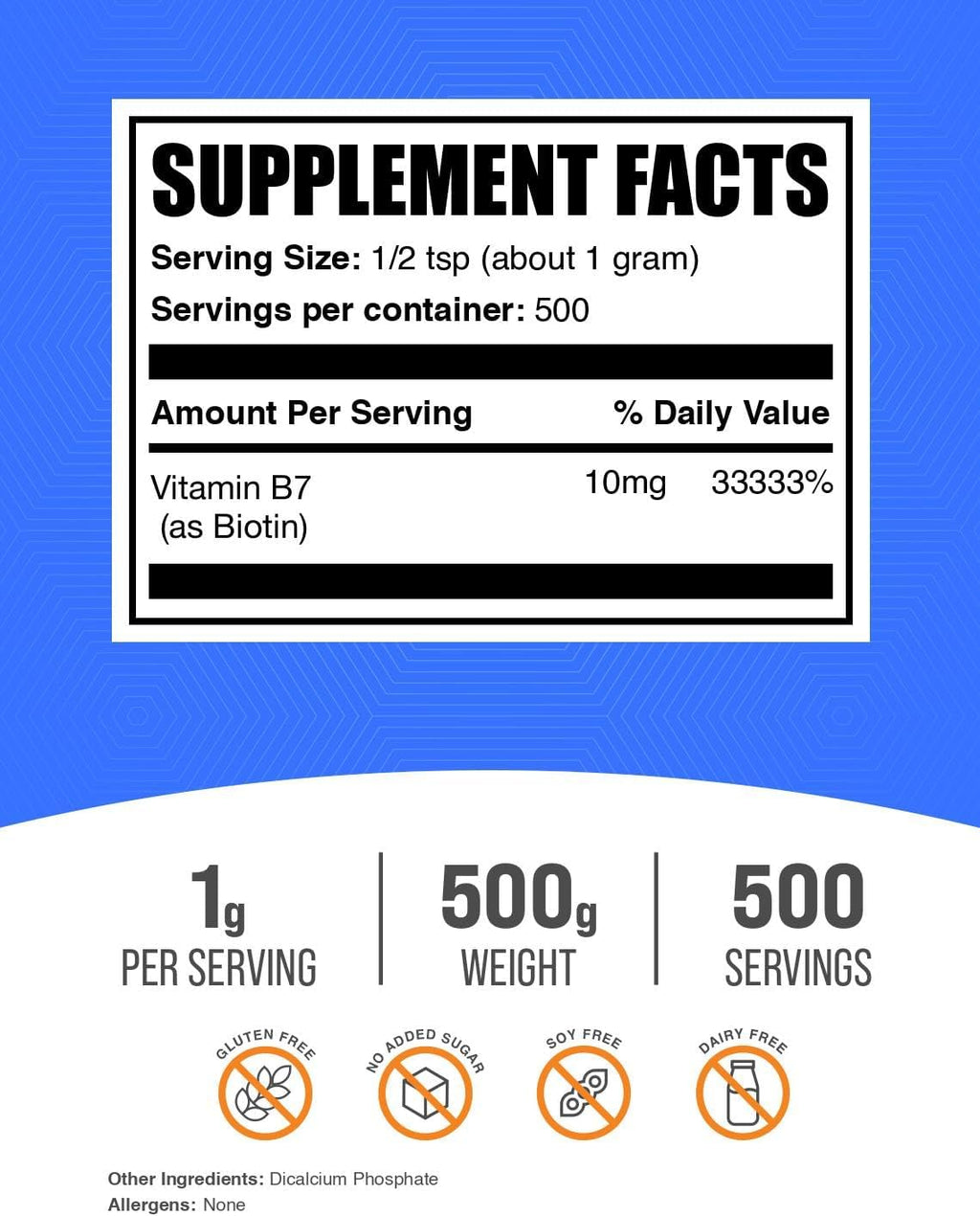 BulkSupplements Biotin 10000mcg Powder - Vitamin B7 for Hair, Skin and Nails - Gluten Free, 500g