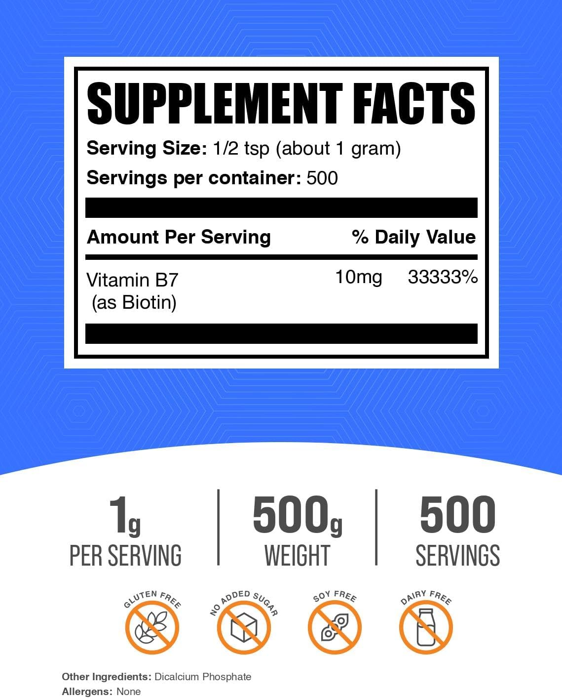 BulkSupplements Biotin 10000mcg Powder - Vitamin B7 for Hair, Skin and Nails - Gluten Free, 500g