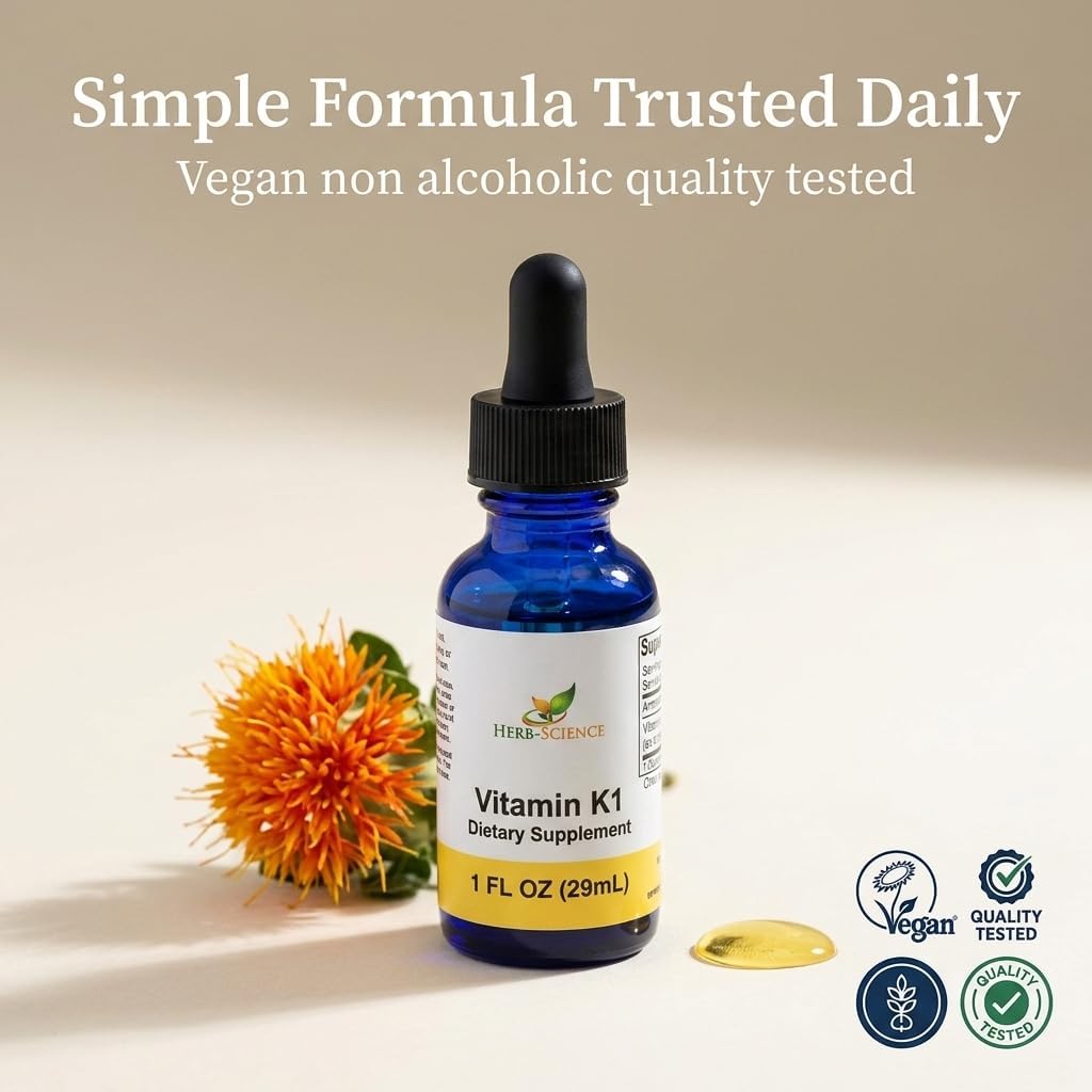 Herb-Science Vitamina K1 Gotas - Suplemento de Vitamina K1 y Aceite de Cártamo - Apoya la Salud de la Sangre, Huesos y Piel - Sin Alcohol, Vegano, 30 ml (1 fl oz), 36 porciones