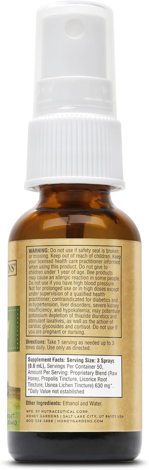 Honey Gardens Spray de Propóleo de Abeja con Miel Cruda de Apiterapia, Raíz de Regaliz y Usnea | 50 Dosis | 30 ml