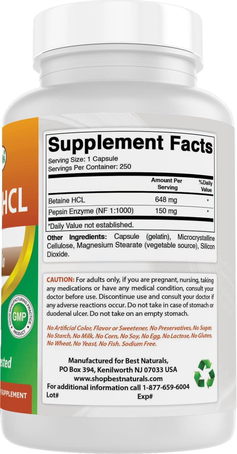 Best Naturals Betaine HCL 648 mg - 250 Cápsulas por Envase (Paquete de 2)