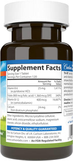 Carlson Tri-B Complejo de Vitamina B - 25 mg B6, 400 mcg B12, Ácido Fólico - 120 Comprimidos