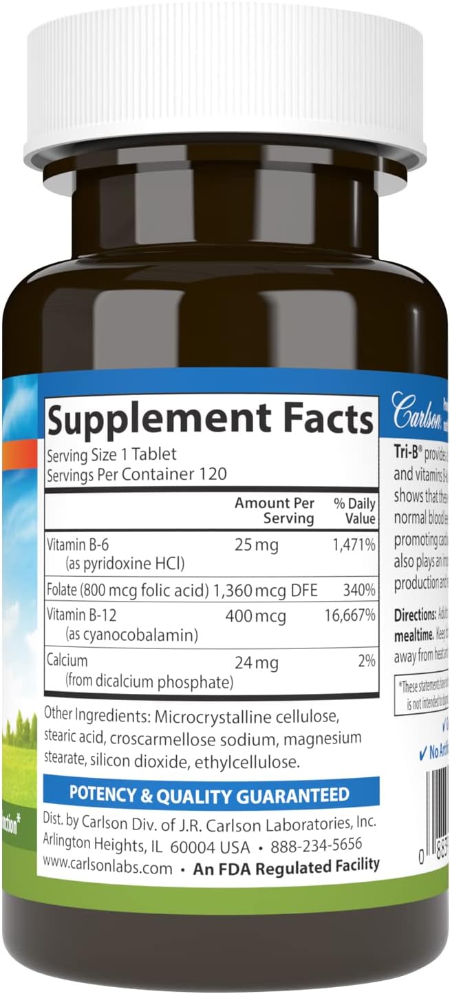 Carlson Tri-B Complejo de Vitamina B - 25 mg B6, 400 mcg B12, Ácido Fólico - 120 Comprimidos