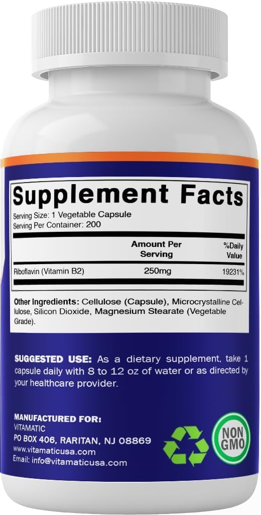 Vitamina B2 (Riboflavina) 250 mg – 200 Cápsulas Vegetarianas – Vitamatic