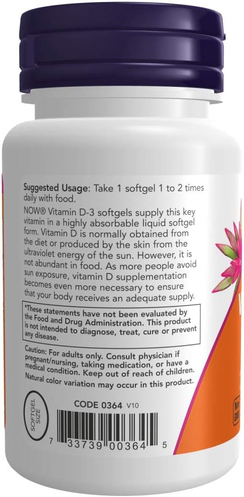 NOW Foods Vitamina D-3 400 UI Cápsulas blandas, paquete de 2 (360 cápsulas)