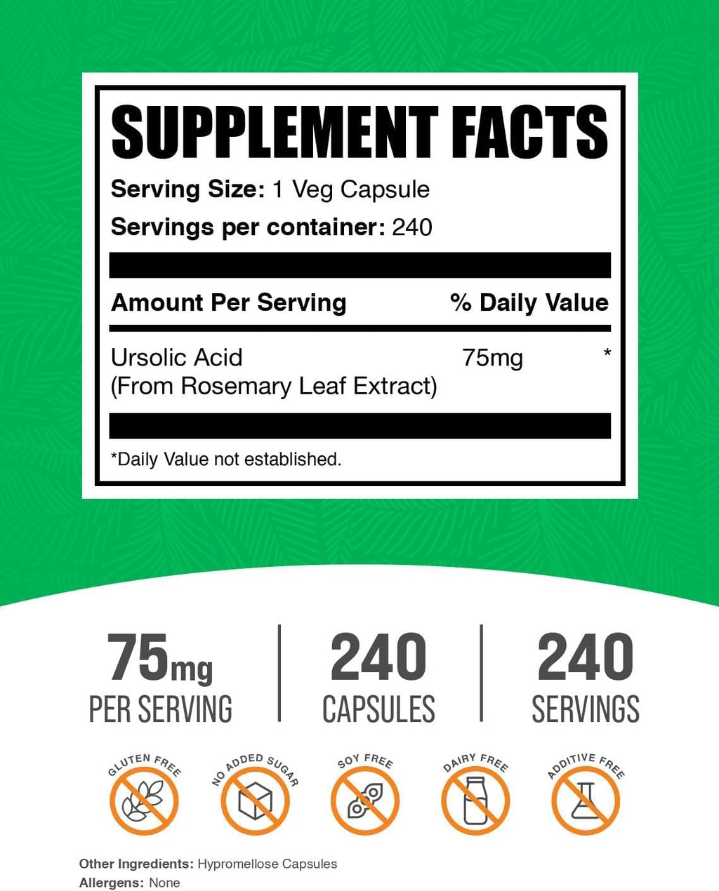 Cápsulas de Ácido Ursólico de BulkSupplements - 75 mg, 240 Cápsulas (Vegano)