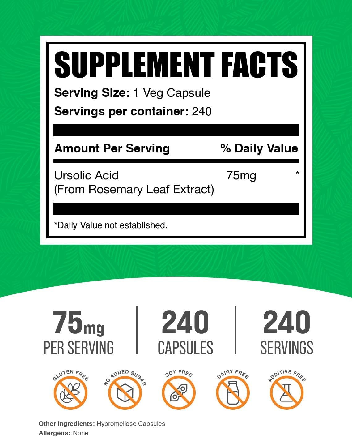 Cápsulas de Ácido Ursólico de BulkSupplements - 75 mg, 240 Cápsulas (Vegano)