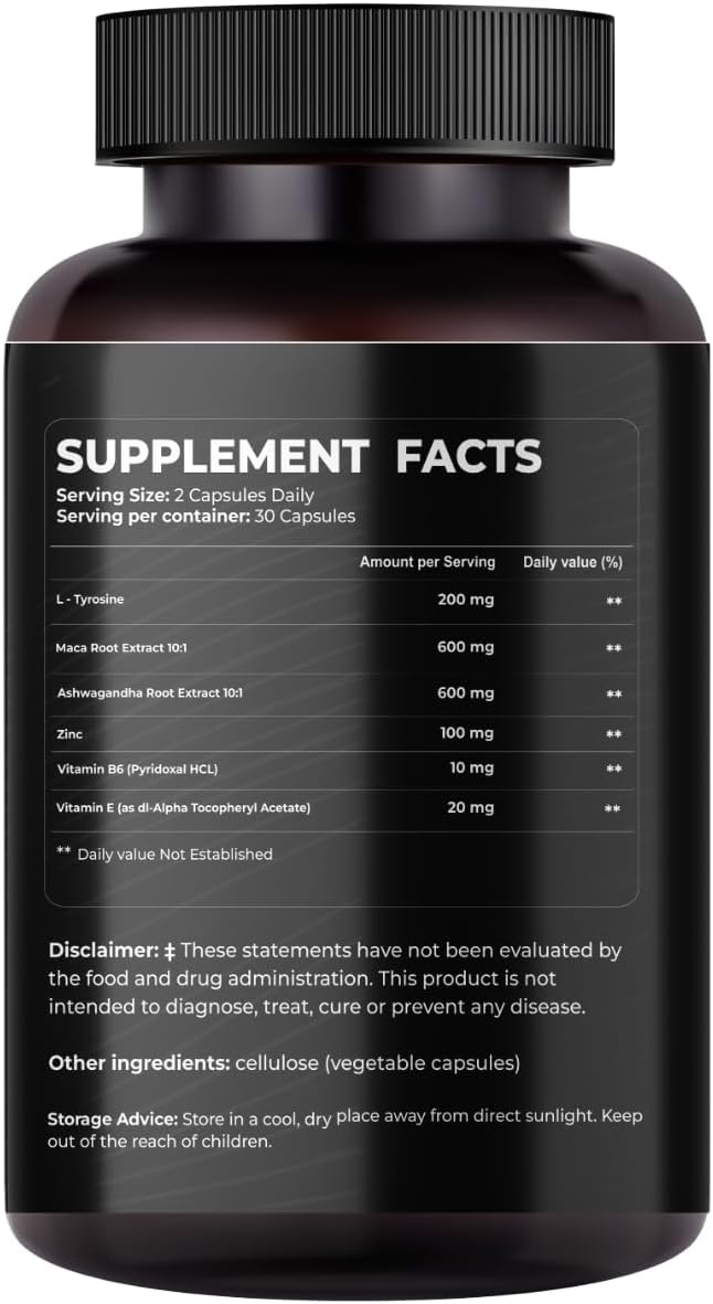 Mishas Nutraceuticals L-Tirosina con Raíz de Maca, Ashwagandha y Complejo de Vitaminas – 60 Cápsulas