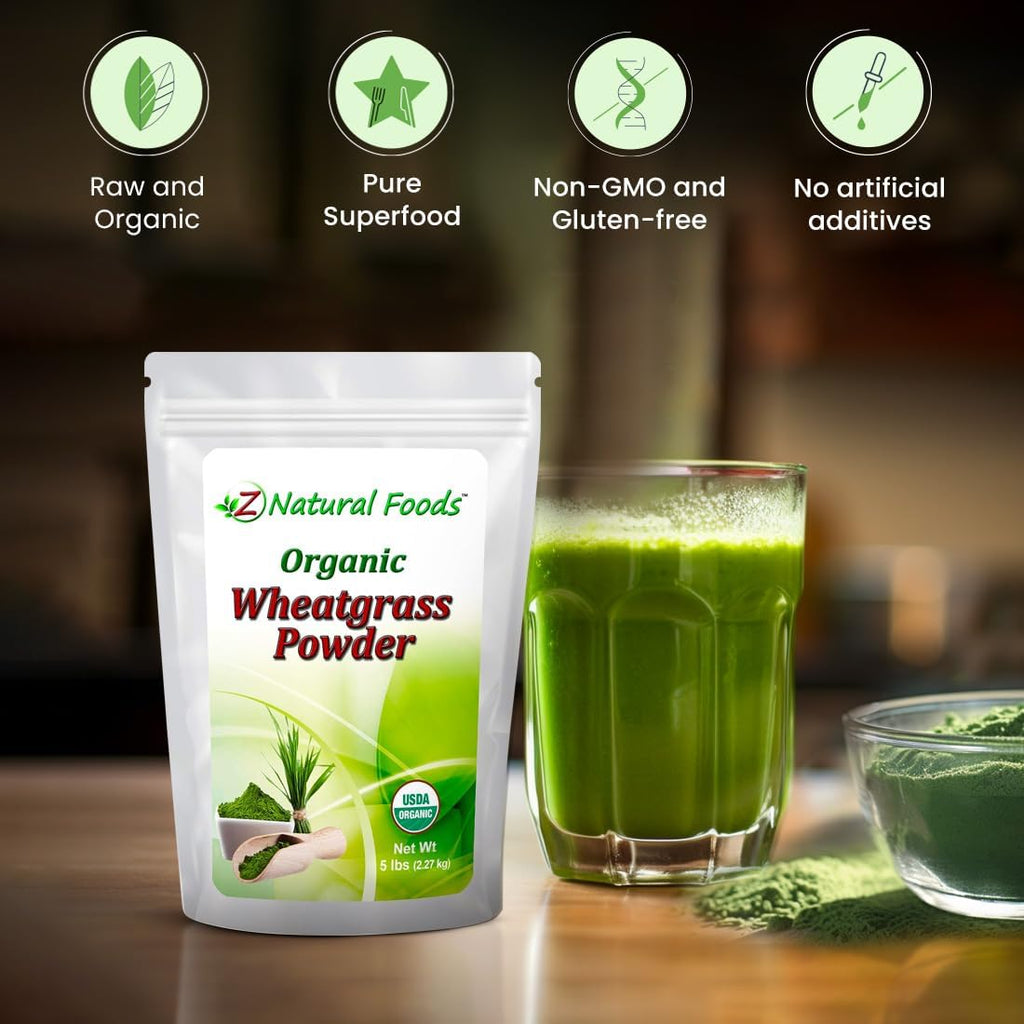 Polvo de Hierba de Trigo Orgánico - 5 Libras - 100% Puro, Crudo, No Transgénico, Vegano - Superalimento Verde para Batidos, Zumos y Recetas - Fuente de Proteína Vegetal Natural