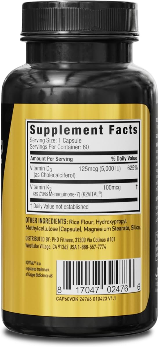 JYM D3 + K2: 5000 IU Vitamina D3 y 100 mcg Vitamina K2 MK-7 – Apoyo Óseo, Cardiovascular e Inmunológico (60 Cápsulas Vegetales)