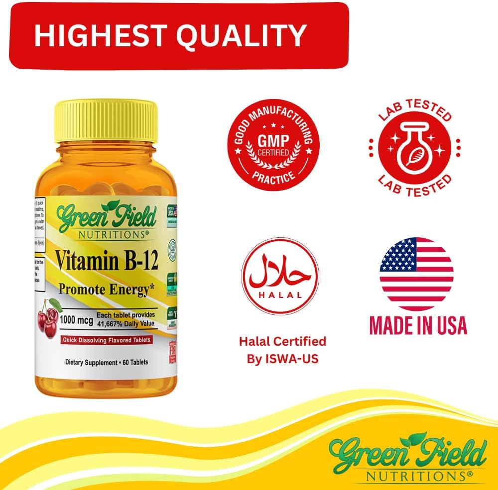 Greenfield Nutritions Vitamina B12 Halal 1000mcg - 60 Comprimidos Sublinguales Sabor Cereza