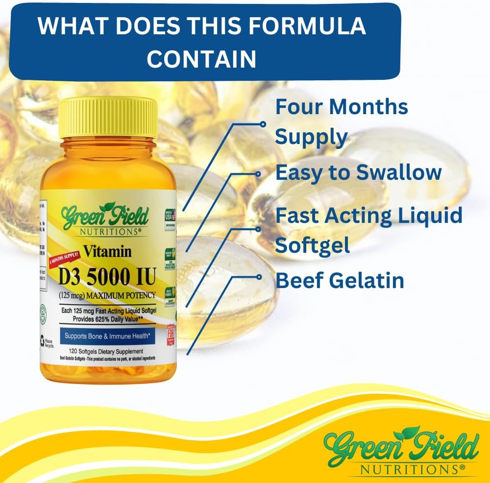 Greenfield Nutritions Vitamina D3 Halal 5000 IU - 120 Softgels de Gelatina de Res