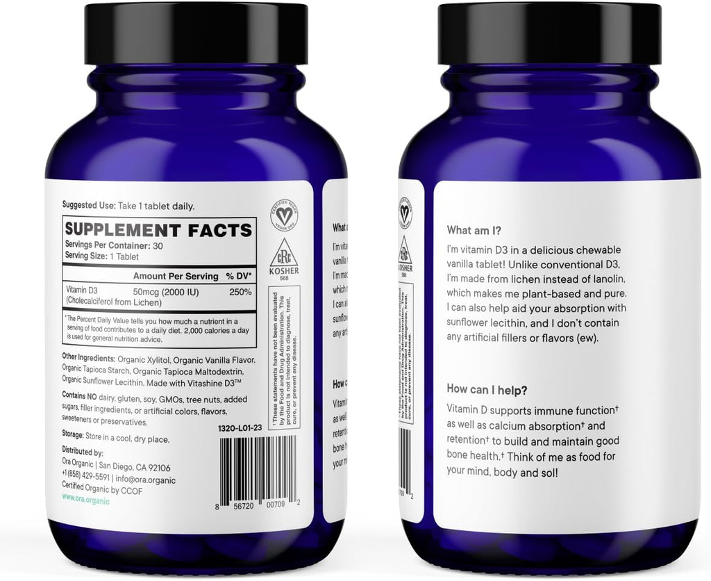 Vitamina D3 2000 IU Vegana - Comprimibles de Liquen - Ora Organic