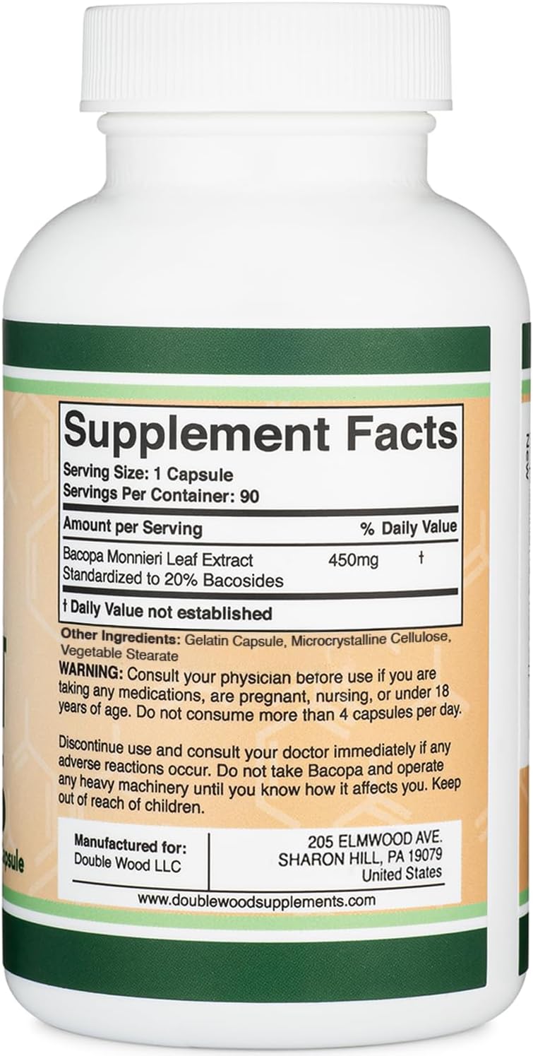 Cápsulas de Bacopa Monnieri con 20% Bacósidos 450mg - 90 Cápsulas - Double Wood Supplements