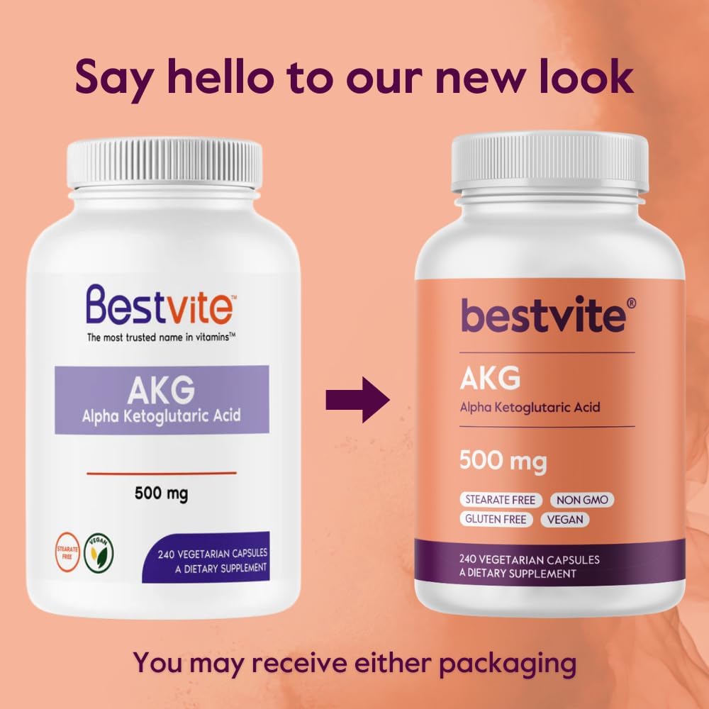 BESTVITE AKG (Ácido Alfa-Cetoglutárico) 1000mg por Dosis - 240 Cápsulas Vegetarianas