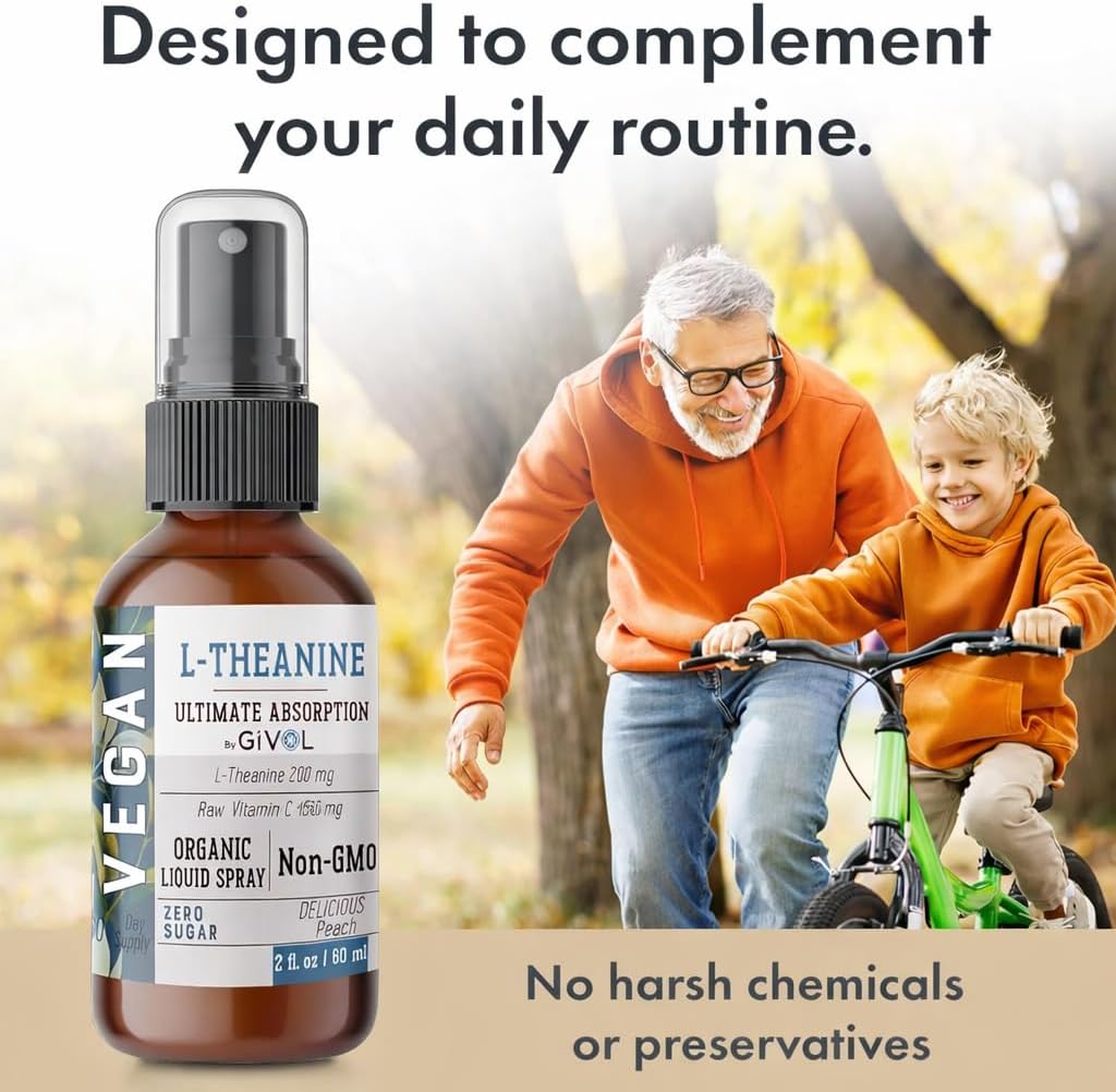 GIVOL Spray Líquido de L-Teanina (200mg) y Vitamina C (150mg) - Sabor Melocotón - 60 ml (60 dosis)