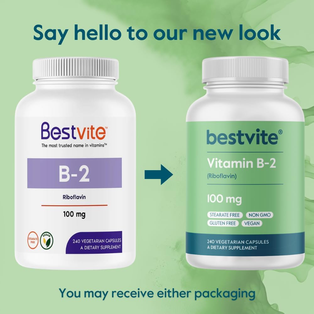 BESTVITE Vitamin B-2 100mg (240 Cápsulas Vegetarianas) - Sin Estearatos - Sin Fosfato Dicálcico - Vegano - No OGM - Sin Gluten